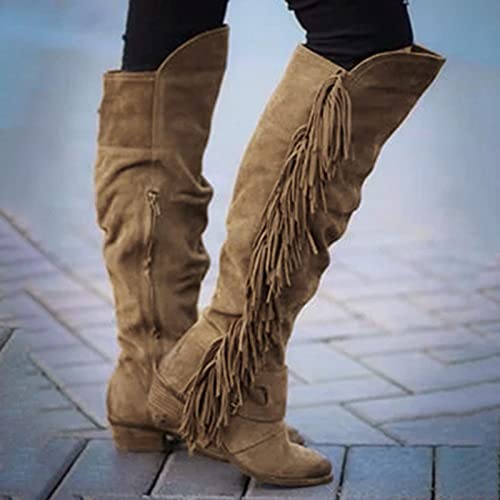 FACAIAFALO Botas De CuñA Para Mujer Informales Retro Con Flecos Sobre La Rodilla Botas Largas Zapatos De Tacones Cuadrados Mujer OtoñO Invierno Cuero Nobuck Calentar Botas