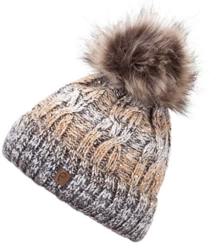 Faera Gorro de Invierno cálido Forro y Piel sintética Gorro de pompón Forro Polar Gorro de Invierno de Punto Gorro de Punto Hombre Mujer Talla única, Color:Beis