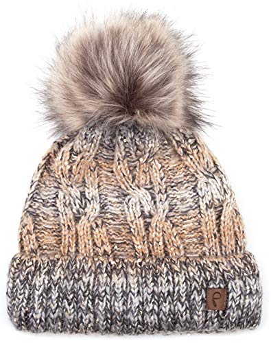 Faera Gorro de Invierno cálido Forro y Piel sintética Gorro de pompón Forro Polar Gorro de Invierno de Punto Gorro de Punto Hombre Mujer Talla única, Color:Beis