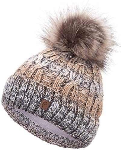 Faera Gorro de Invierno cálido Forro y Piel sintética Gorro de pompón Forro Polar Gorro de Invierno de Punto Gorro de Punto Hombre Mujer Talla única, Color:Beis