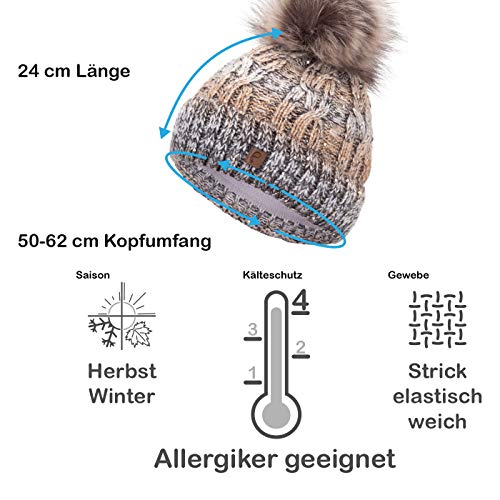 Faera Gorro de Invierno cálido Forro y Piel sintética Gorro de pompón Forro Polar Gorro de Invierno de Punto Gorro de Punto Hombre Mujer Talla única, Color:Beis