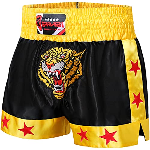Farabi Sports Muay Thai Shorts Kick Boxing Training Corto de satén con Bordado de Tigre (Black/Gold, M)