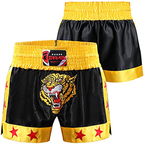 Farabi Sports Muay Thai Shorts Kick Boxing Training Corto de satén con Bordado de Tigre (Black/Gold, M)