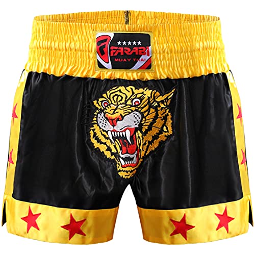 Farabi Sports Muay Thai Shorts Kick Boxing Training Corto de satén con Bordado de Tigre (Black/Gold, M)