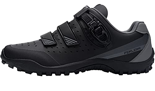 Fenlern Zapatillas de Ciclismo para Hombre Zapatos de MTB con Suela de Goma y Triple Tira de Ajustable de Correa (Gris Negro,EU 44)