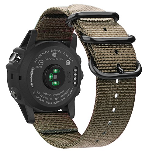 Fintie Correa Compatible con Garmin Fenix 6X/Fenix 3/Fenix 3 HR/Fenix 5X - 26mm Pulsera de Repuesto de Nylon Tejido Banda con Hebilla de Metal, Caqui