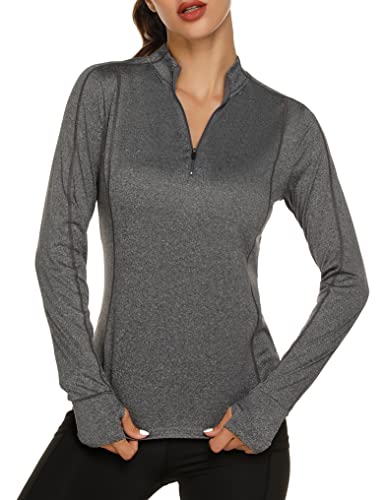 Fipput Camiseta Deporte Mujer de Manga Larga Camisetas Manga Larga Mujer Secado rápido Sudadera de 1/4 Zip con Agujeros para los Pulgares,Gris,M