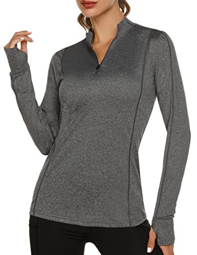 Fipput Camiseta Deporte Mujer de Manga Larga Camisetas Manga Larga Mujer Secado rápido Sudadera de 1/4 Zip con Agujeros para los Pulgares,Gris,M