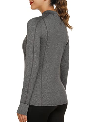 Fipput Camiseta Deporte Mujer de Manga Larga Camisetas Manga Larga Mujer Secado rápido Sudadera de 1/4 Zip con Agujeros para los Pulgares,Gris,M