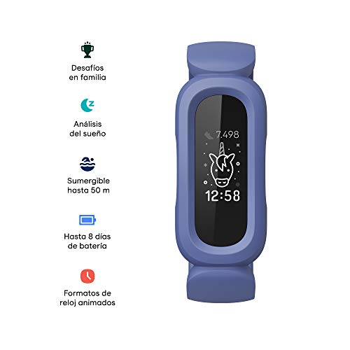 Fitbit Ace 3 pulsera de actividad para niños de +6 años con divertidos formatos de reloj animados, Resistente al agua hasta 50 m y hasta 8 días de batería, Azul cósmico/Verde astral