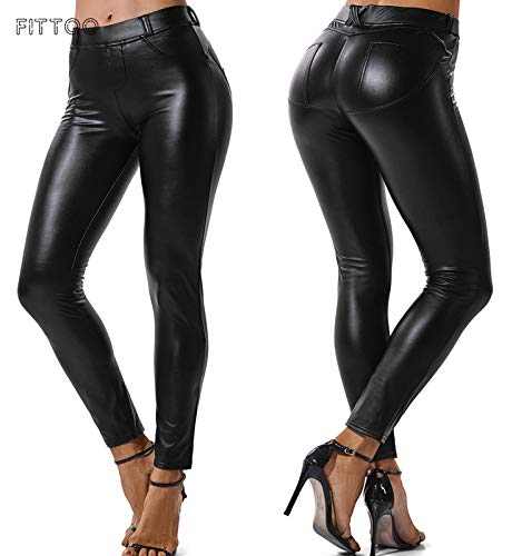 FITTOO PU Leggings Cuero Imitación Pantalón Elásticos Cintura Alta Push Up para Mujer #1 Bolsillo Falso Poca Terciopelo Negro XXL