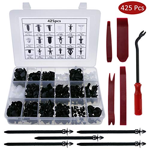 Fixget Caja de Herramientas Zexuan, 425 Unidades, Abrazaderas para Paneles de Puerta, Clips para fijación de Parachoques, Set para automóvil con Herramientas de extracción, 22,5 cm, Color Negro