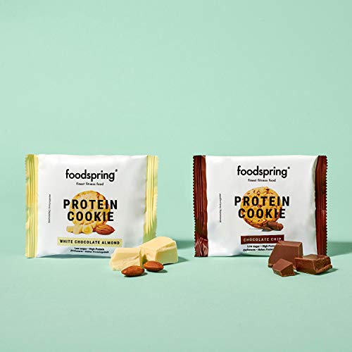 foodspring Cookie Proteica, Pepitas de Chocolate, 12 x 50g, textura de galleta y almendras reales, mucha proteína, poca azúcar, snack saludable
