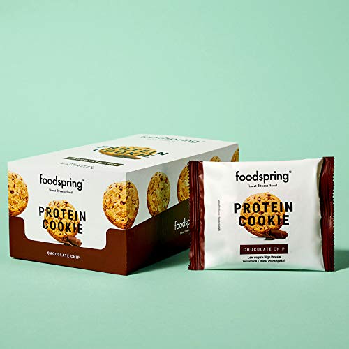 foodspring Cookie Proteica, Pepitas de Chocolate, 12 x 50g, textura de galleta y almendras reales, mucha proteína, poca azúcar, snack saludable