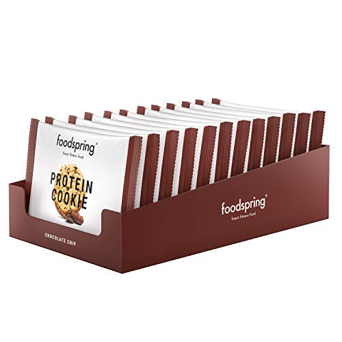 foodspring Cookie Proteica, Pepitas de Chocolate, 12 x 50g, textura de galleta y almendras reales, mucha proteína, poca azúcar, snack saludable