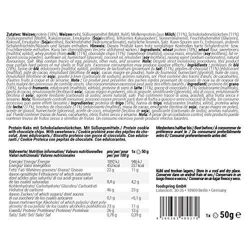 foodspring Cookie Proteica, Pepitas de Chocolate, 12 x 50g, textura de galleta y almendras reales, mucha proteína, poca azúcar, snack saludable