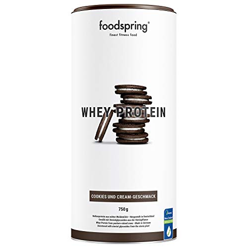 foodspring Proteína Whey, Sabor Cookies & Cream, 750g, Fórmula en polvo alta en proteínas para unos músculos más fuertes, elaborada con leche de pastoreo de primera calidad