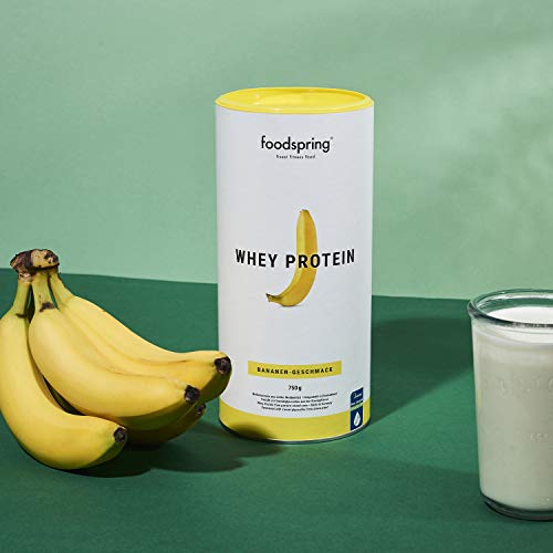 foodspring Proteína Whey, Sabor Plátano, 750g, Fórmula en polvo alta en proteínas para unos músculos más fuertes, elaborada con leche de pastoreo de primera calidad