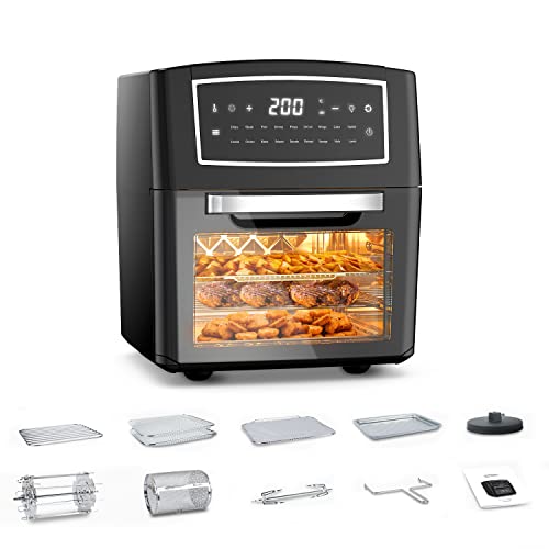 Freidora de aire caliente, Horno freidora de aire de 12 litros con 18 menús preestablecidos con pantalla LED de un solo toque, funciones de fritura, de respaldo, de asado y de deshidratación