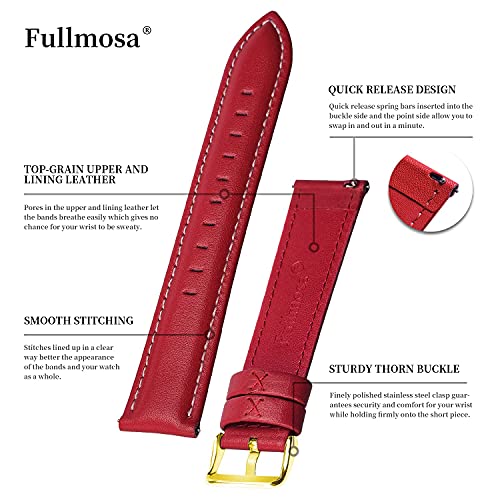 Fullmosa Axus Correa Piel, para Correa Reloj, Huawei Samsung Correa/Banda/Pulsera/Strap 14mm 16mm 18mm 19mm 20mm 22mm 24mm, Rojo + Hebilla de Dorada, 22mm