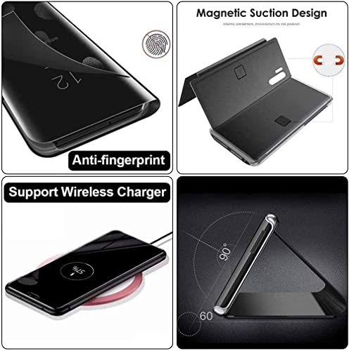 Funda para Huawei P Smart 2019 + 2 Cristal Templado, Clear View Transparente Espejo Smart Ultra Delgado con Soporte Huawei P Smart 2019 Negro