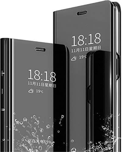 Funda para Huawei P Smart 2019 + 2 Cristal Templado, Clear View Transparente Espejo Smart Ultra Delgado con Soporte Huawei P Smart 2019 Negro