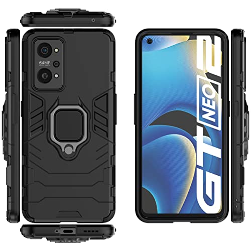 Funda para Realme GT Neo 2 con 2 Piezas Protector de Pantalla Cristal Vidrio Templado, 360 Grados Anillo Iman Soporte Hard PC y Silicona TPU Bumper Cover [Grado Militar Anti-Golpe]