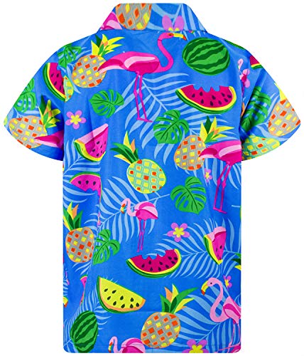 Funky Camisa Hawaiana, Manga Corta, Flamingo Melon, Azul Índigo, XS
