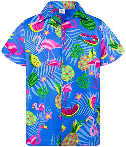Funky Camisa Hawaiana, Manga Corta, Flamingo Melon, Azul Índigo, XS