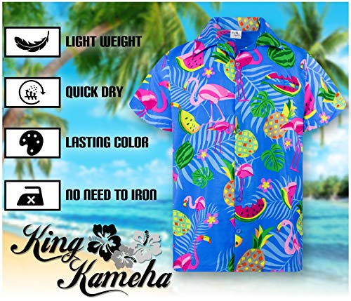 Funky Camisa Hawaiana, Manga Corta, Flamingo Melon, Azul Índigo, XS