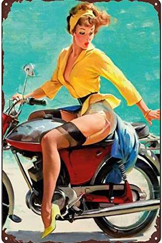Funny tin sign Biker Pin Up Girl Retro style metal tin sign wall decoration suitable for garage people cave shop bar decoration 12x8 inches