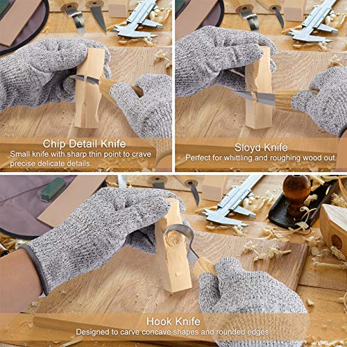 Fuyit Herramientas de Talla de Madera - 17 piezas Conjunto de Herramientas con Cuchillo de Gancho, Cuchillo Whittling, Cuchillo de Detalle, Guantes Resistentes y Bloques de Madera de 10 piezas