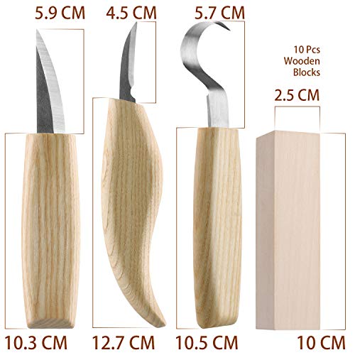 Fuyit Herramientas de Talla de Madera - 17 piezas Conjunto de Herramientas con Cuchillo de Gancho, Cuchillo Whittling, Cuchillo de Detalle, Guantes Resistentes y Bloques de Madera de 10 piezas