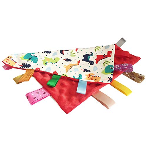 G-Tree Bebé Manta Confort con Etiqueta, Doudou Taggy Manta de seguridad, Multicolores Dinosaurio Manta con Cintas Juguete para la Dentición del Bebé - Rojo Textura Inferior