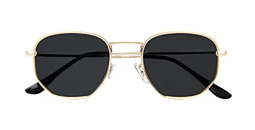 Gafas de sol polarizadas hexagonales para mujeres y hombres, Octagon Square Round Gafas de sol retro marco de metal dorado protección UV400, (Oro/Gris), Small