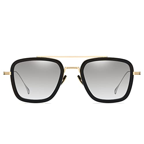 Gafas de sol retro de gama alta Gafas Tony Stark Gafas cuadradas Marco de metal para hombres Mujeres Gafas de sol de Iron Man Vuelo Mismo párrafo Lente transparente Gradiente Gris