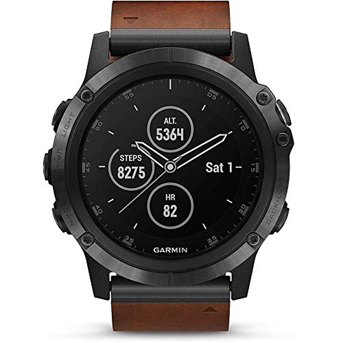 Garmin - Reloj Fénix 5S plus. Zafiro, gris pizarra con correa de cuero marrón