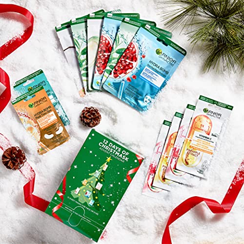 Garnier Calendario Adviento Tissue Masks - Colección De Navidad De 12 Mascarillas Faciales Con Ácido Hialurónico Para Rostro Y Ojos. Fórmulas Vegana. Aprobado Por Cruelty Free International.