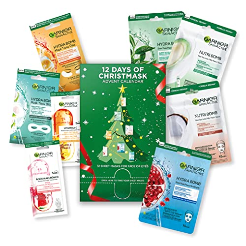 Garnier Calendario Adviento Tissue Masks - Colección De Navidad De 12 Mascarillas Faciales Con Ácido Hialurónico Para Rostro Y Ojos. Fórmulas Vegana. Aprobado Por Cruelty Free International.