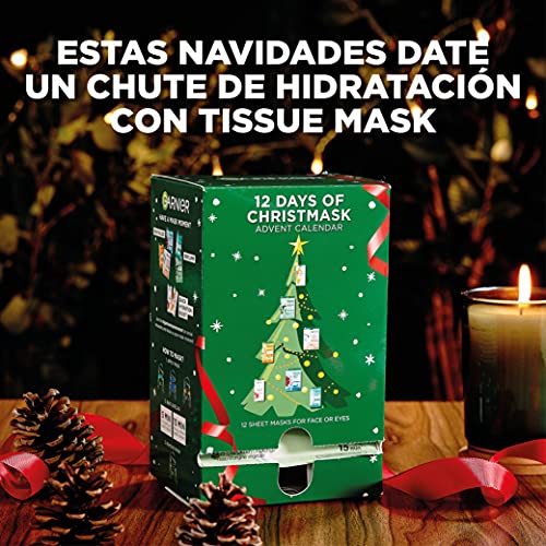 Garnier Calendario Adviento Tissue Masks - Colección De Navidad De 12 Mascarillas Faciales Con Ácido Hialurónico Para Rostro Y Ojos. Fórmulas Vegana. Aprobado Por Cruelty Free International.