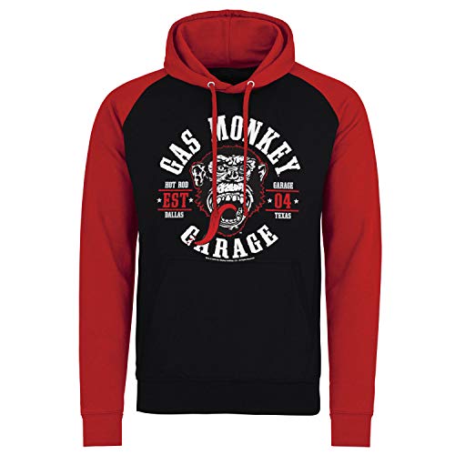 Gas Monkey Garage Licenciado Oficialmente Round Seal Baseball Sudaderas con Capucha (Negro-Rojo), Large