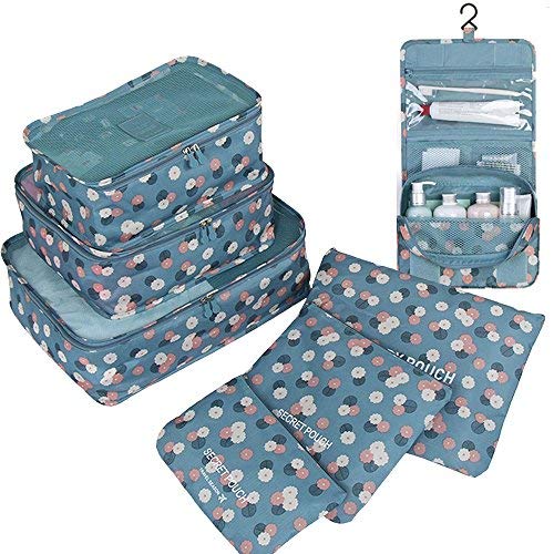 GCBTECH Set de 7 Organizadores de Viajes Cubo de Viaje Bolsas de compresión de Equipaje, Viajar Bolsas de Aseo, Bolsa de cosmético del Maquillaje Portable - Flores Azules