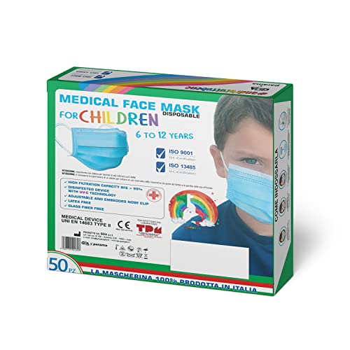 GDA Mascarillas Quirurgicas Para Niños Homologadas CE 100% Hechas en Italia Tres Capas Tipo II EFB ≥ 99% Sin Látex Color Azul Claro 50 Unidades