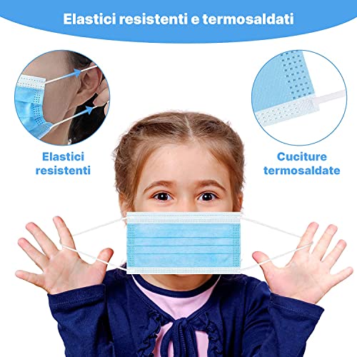 GDA Mascarillas Quirurgicas Para Niños Homologadas CE 100% Hechas en Italia Tres Capas Tipo II EFB ≥ 99% Sin Látex Color Azul Claro 50 Unidades