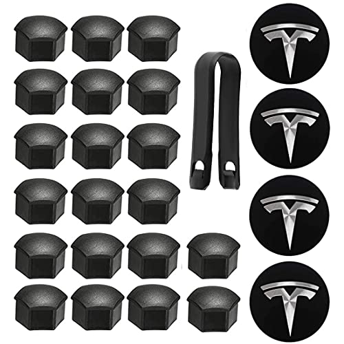 Gebildet 20Pcs Tapas de Tuerca de Rueda, Tapas de Tuerca de Perno de Rueda (Mate, Negro), Tapas de Tuerca de Neumático Hexagonales para Te-sla Model 3 Model S Model X + 4Pcs Blanco Logotipo Central