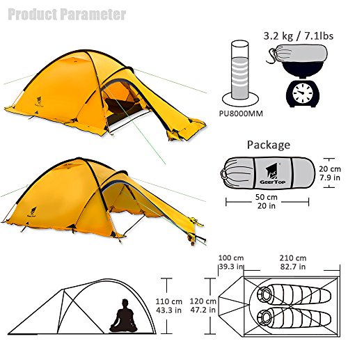 GEERTOP® Alpinismo Tienda de Campaña Impermeable Ultra Ligera - UV Resistente - 4 Estaciones 2 Personas 120 x 210 x 100 cm - para Acampar Excursionismo y Turismo (Amarillo)