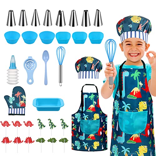 Gemeer Trajes de Cocina y Horneado para Niños 34 Juegos, Incluidos Delantales, Gorros de Chef, Guantes y Disfraces para Niños, Azul Disfraces de Chef, Juegos de rol Profesionales 8-12 Años