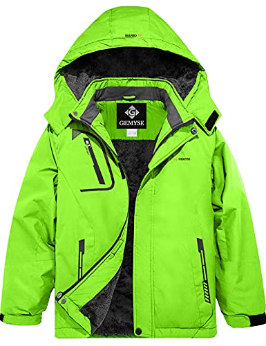 GEMYSE Chaqueta de Esquí Impermeable de Montaña para Niños Abrigo de Invierno de Lana Antiviento con Capucha (Verde Fluorescente 83,10/12)