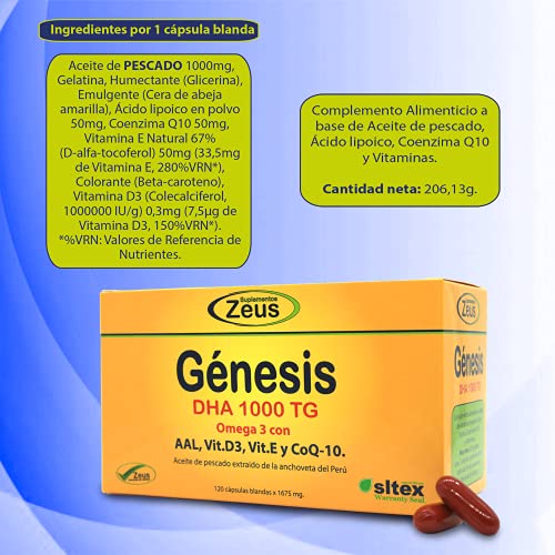 GÉNESIS DHA | Contribuye tanto a nivel cerebral como cardiovascular | Complemento Alimenticio a base de Aceite de pescado, Ácido lipoico, CoQ10 y Vitaminas | 60 Cápsulas Blandas