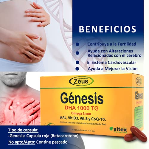 GÉNESIS DHA | Contribuye tanto a nivel cerebral como cardiovascular | Complemento Alimenticio a base de Aceite de pescado, Ácido lipoico, CoQ10 y Vitaminas | 60 Cápsulas Blandas